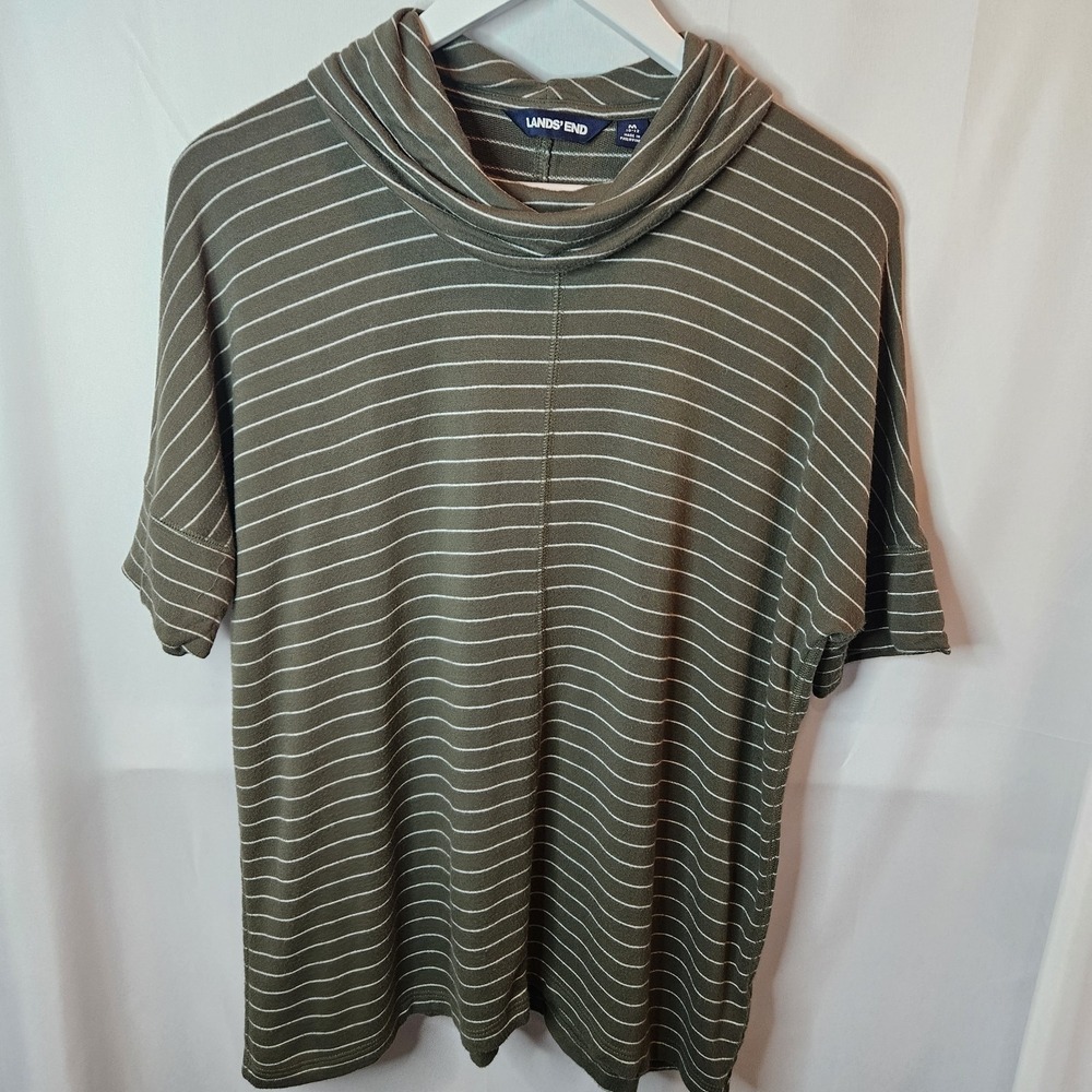 Lands' End Women's Maroon White Striped Short Sleeve Turtleneck Top,  L 14-16